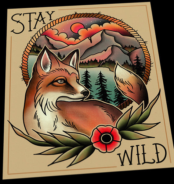 Stay Wild Fox Tattoo Flash Art Print – Parlor Tattoo Prints