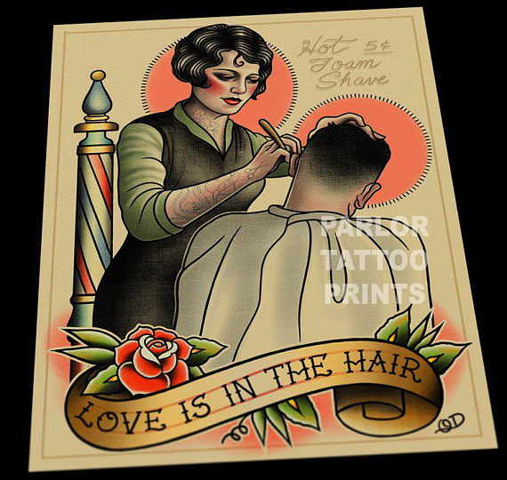 Female Barber Hairstylist (Love is in the Hair) Tattoo Flash