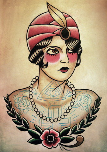 Fortune Teller Flapper Traditional Tattoo Flash