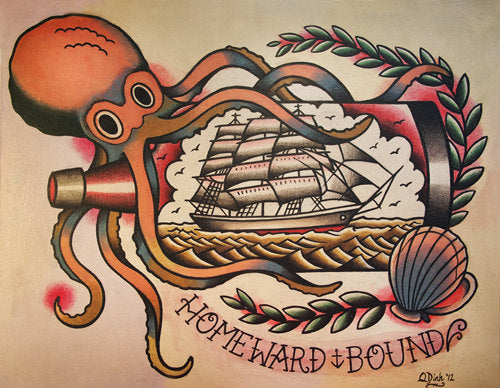 Octopus and Ship in a Bottle Old School Tattoo Flash Sheet