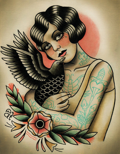 Flapper and Crow Tattoo Art Print