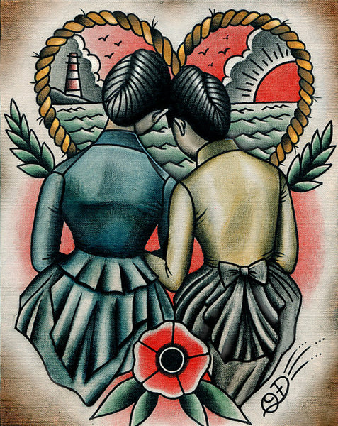 Sunset Flappers Traditional Tattoo Flash Art Print