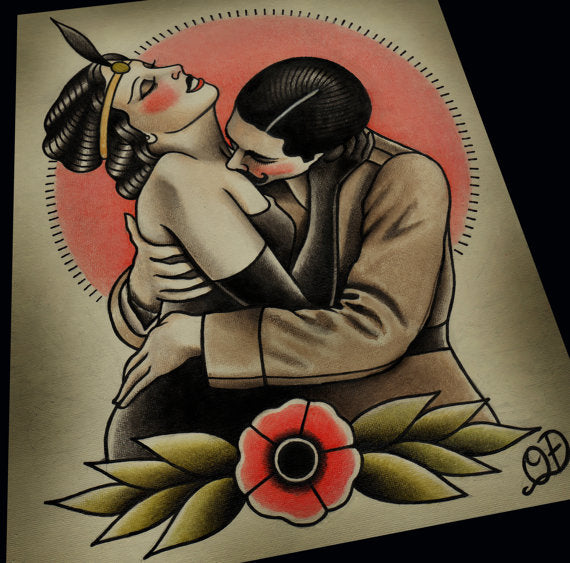 Vintage Embrace Traditional Tattoo Print