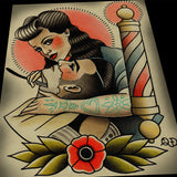 Rockabilly Lady Barber Barbering Tattoo Print Art
